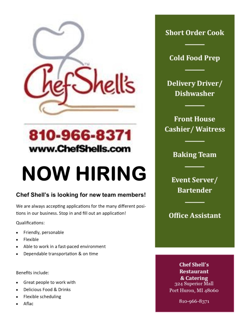 We are Hiring Chef Shell's Restaurant and Catering